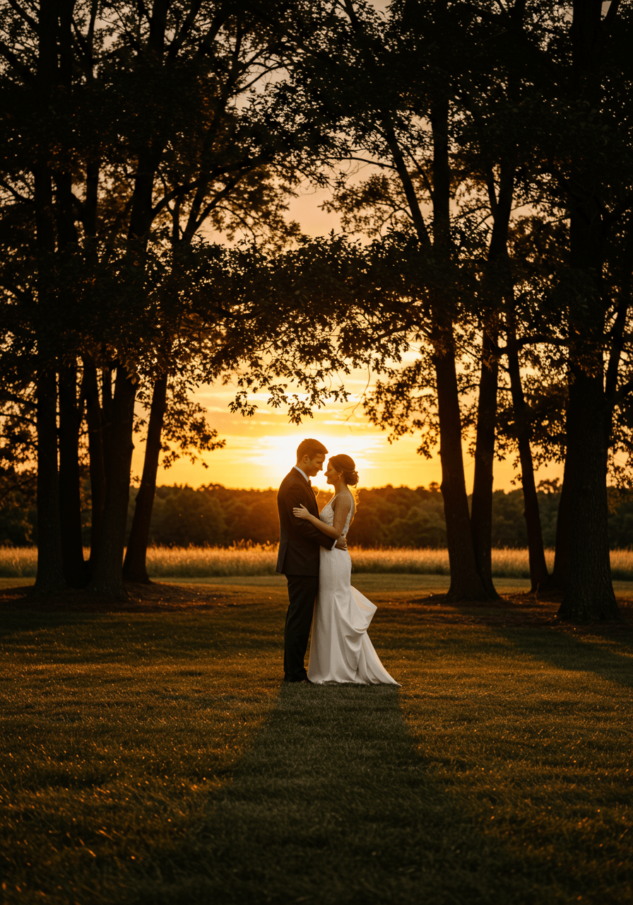 Bride and groom first dance in meadow with dramatic tree line silhouettes at sunset