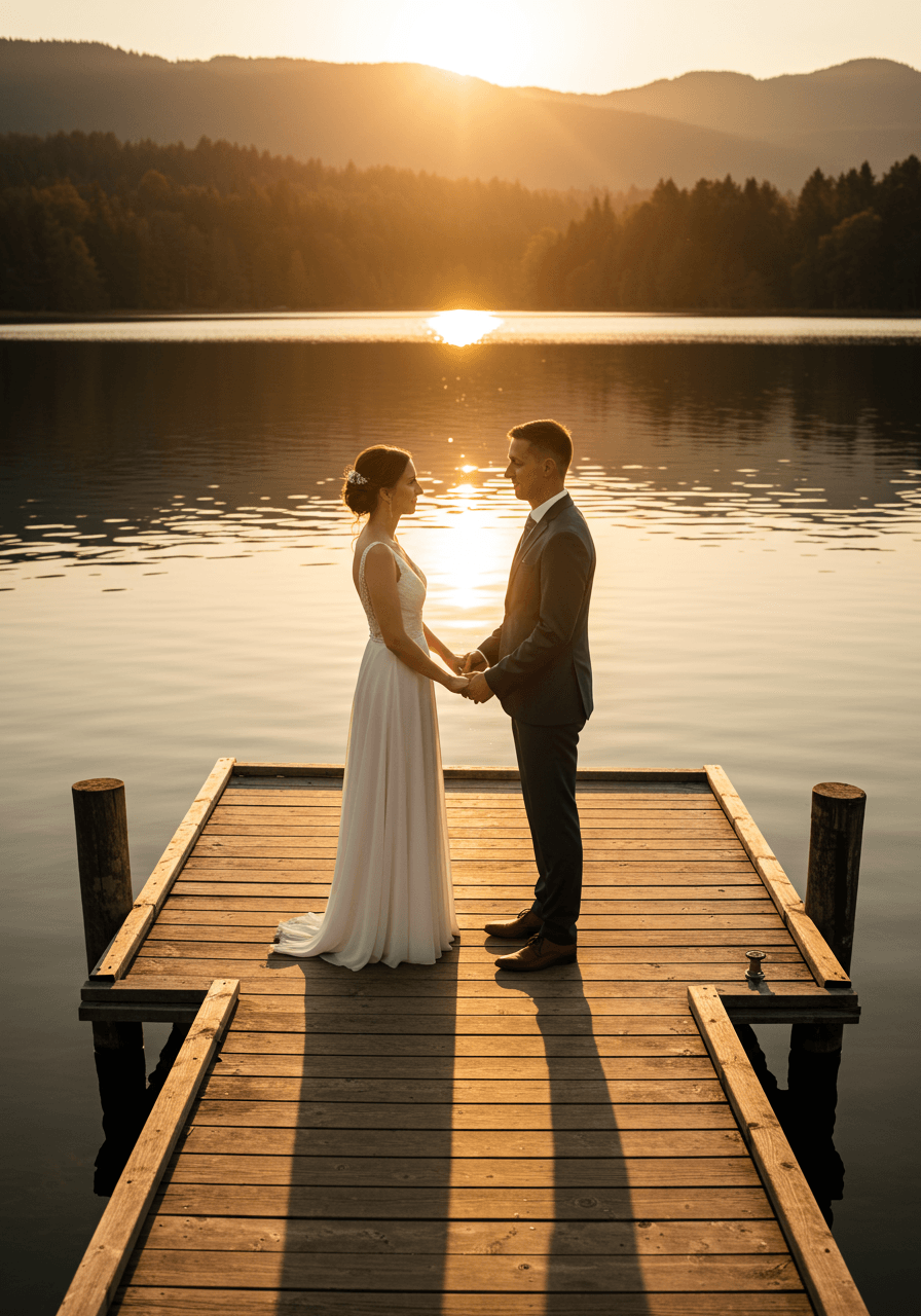 Aerial view of wedding couple on wooden dock with lake and mountain reflections