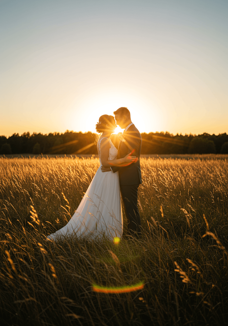 Bride and groom in tall grass field with dramatic sun flare and golden hour lighting