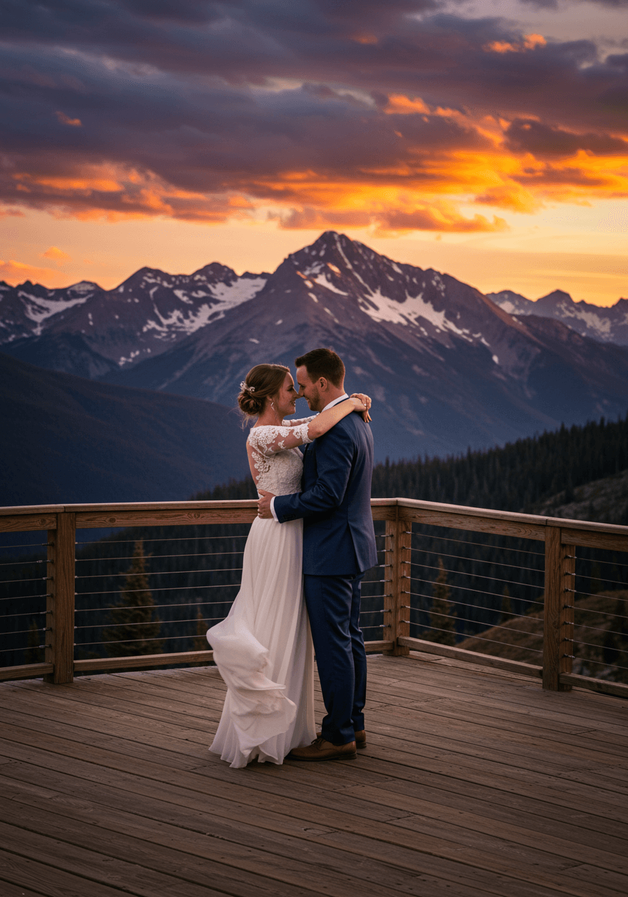 Bride and groom first dance on wooden deck overlooking snow-capped mountain peaks at sunset