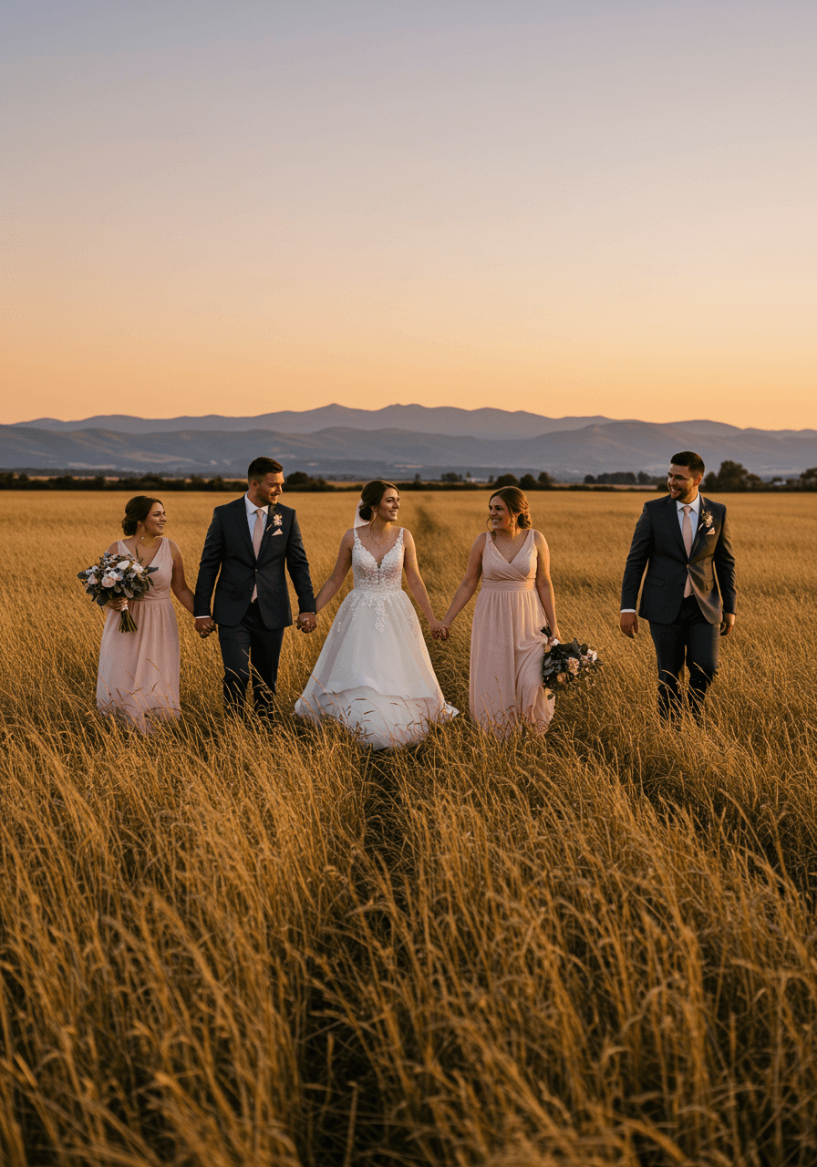 Wedding party walking hand-in-hand through golden wheat field with mountain backdrop at sunset
