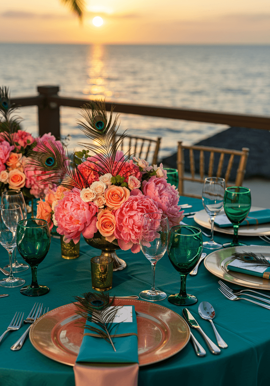 Beachfront tablescape with coral pink flowers, teal linens, emerald glassware, and peacock feathers overlooking tropical ocean at sunset