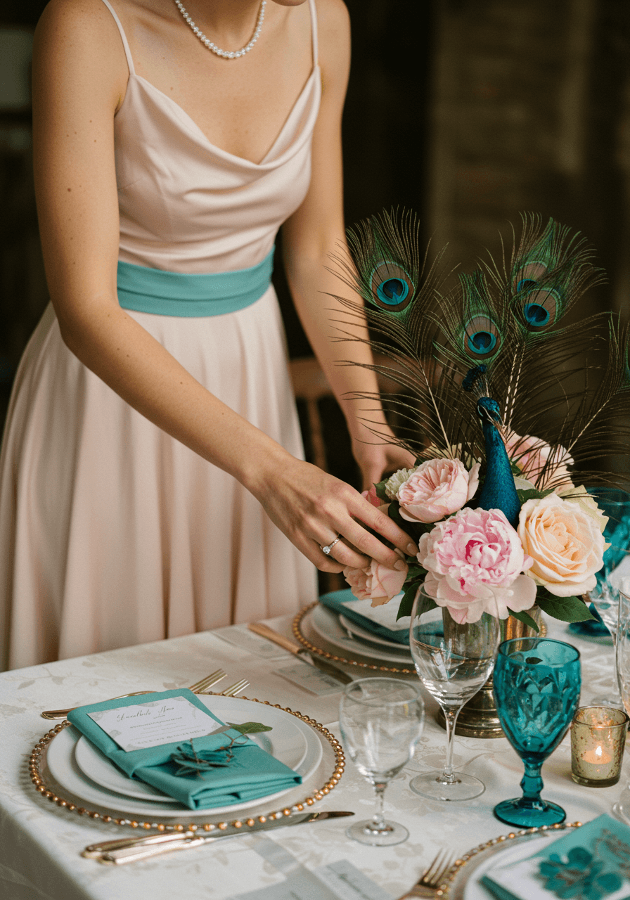 Bride adjusting muted peacock feather centerpiece on reception table with blush pink peonies and teal accents
