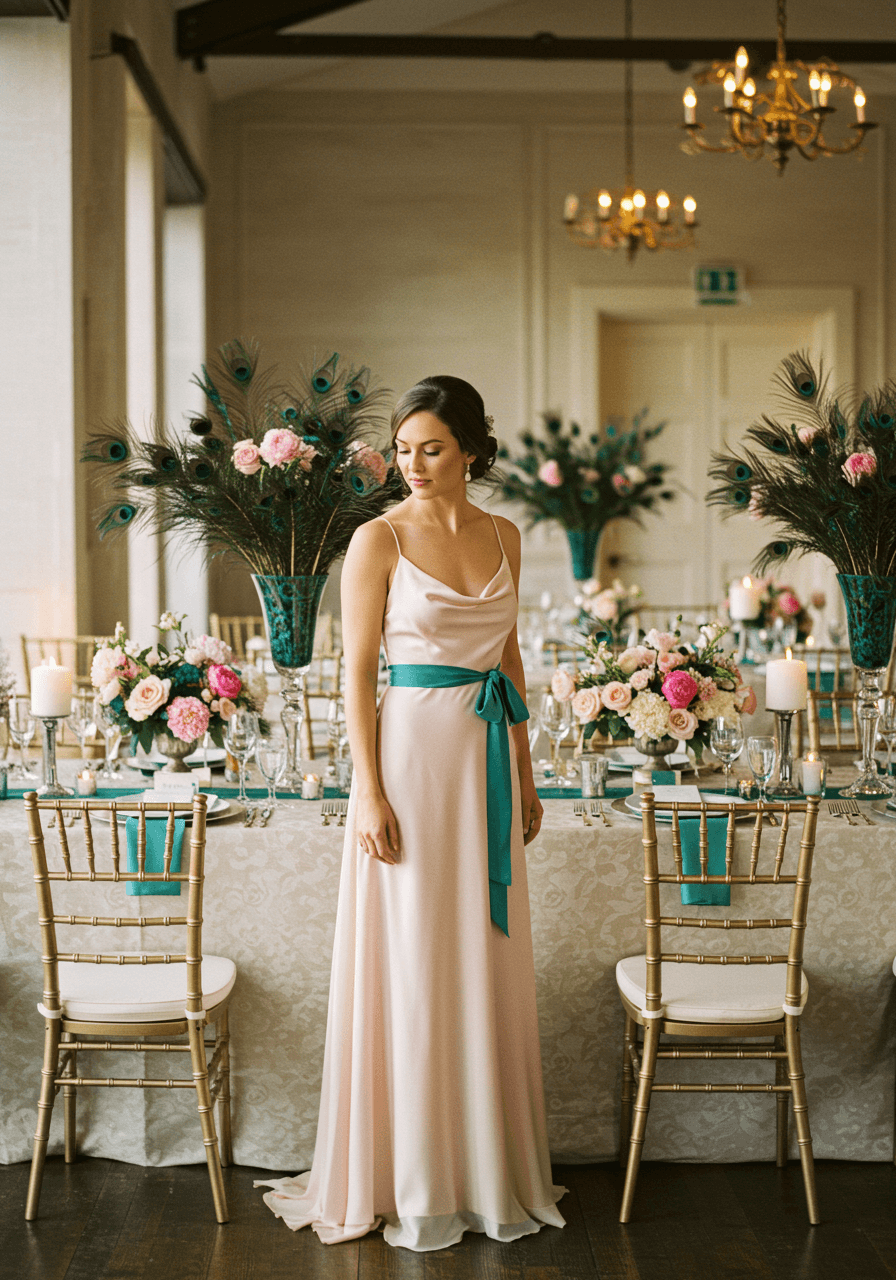 Bride in flowing blush pink silk gown with soft teal sash beside reception table with peacock feather centerpieces during golden hour