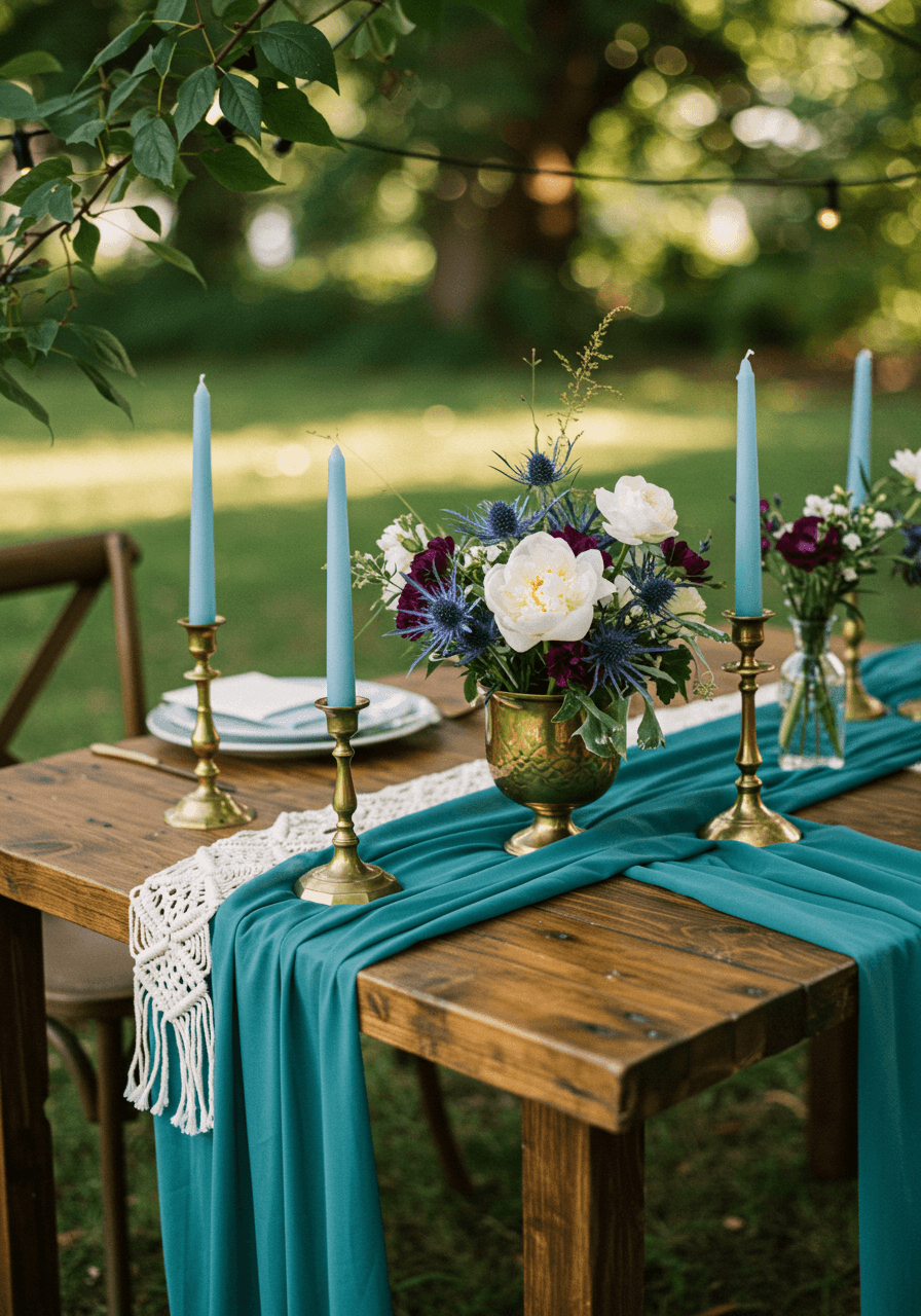 Bohemian tablescape with teal silk runner, vintage brass candlesticks, and wildflower centerpieces on reclaimed wood farm table
