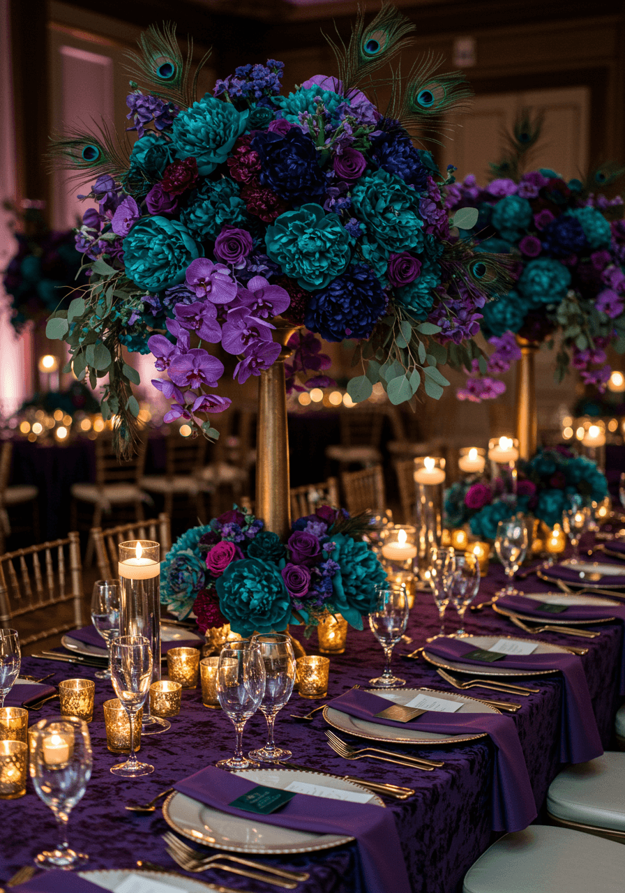 Dramatic towering centerpiece with deep teal peonies, purple orchids, and emerald eucalyptus on long ballroom table with velvet runner