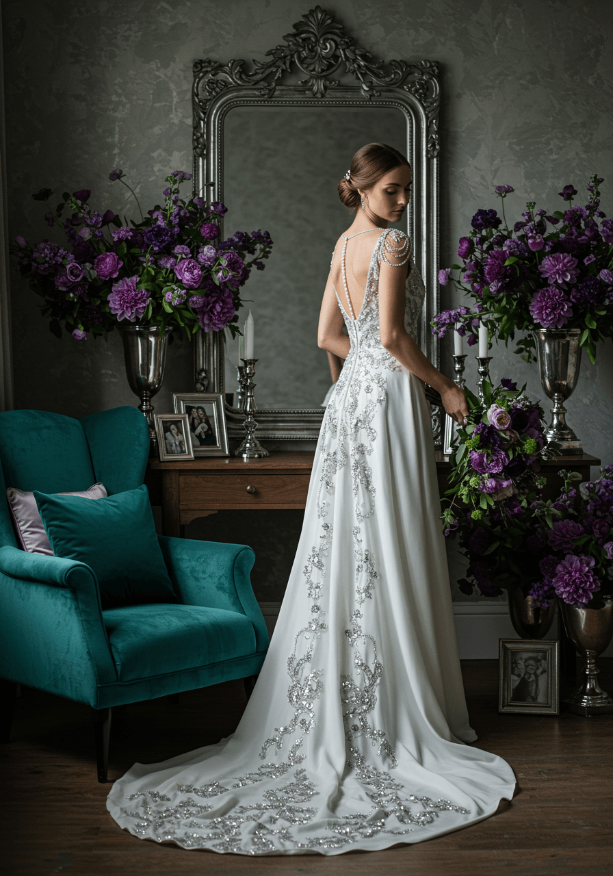Bride in silk gown with intricate silver beadwork beside vintage mirror in bridal suite with teal and purple accents