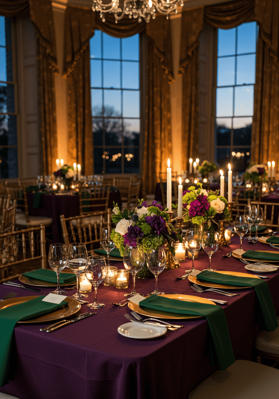 Formal dining tablescape with deep purple linens, emerald napkins, gold chargers, and white floral centerpieces in estate room