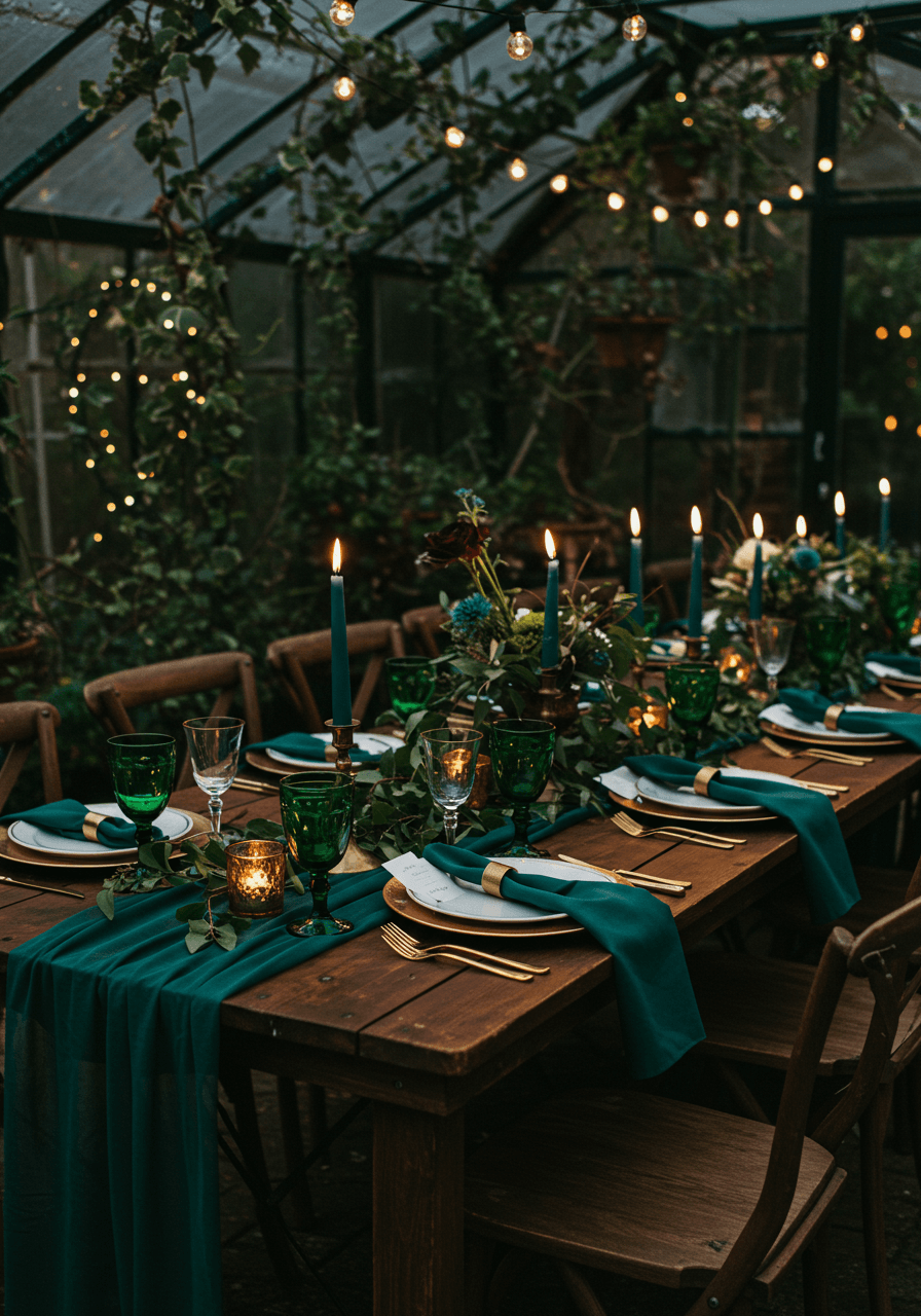 Greenhouse dinner table for twelve with deep emerald runners, teal napkins, and trailing ivy with candlelight at twilight