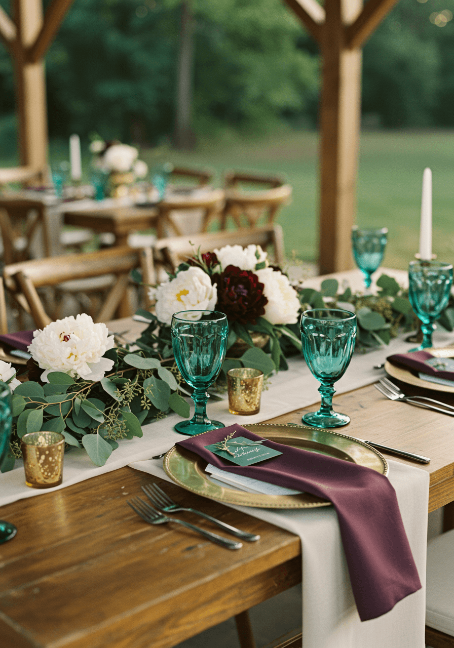 Rustic wedding tablescape with cream linen runner, plum napkins, and teal glassware on wooden farm table with eucalyptus garland