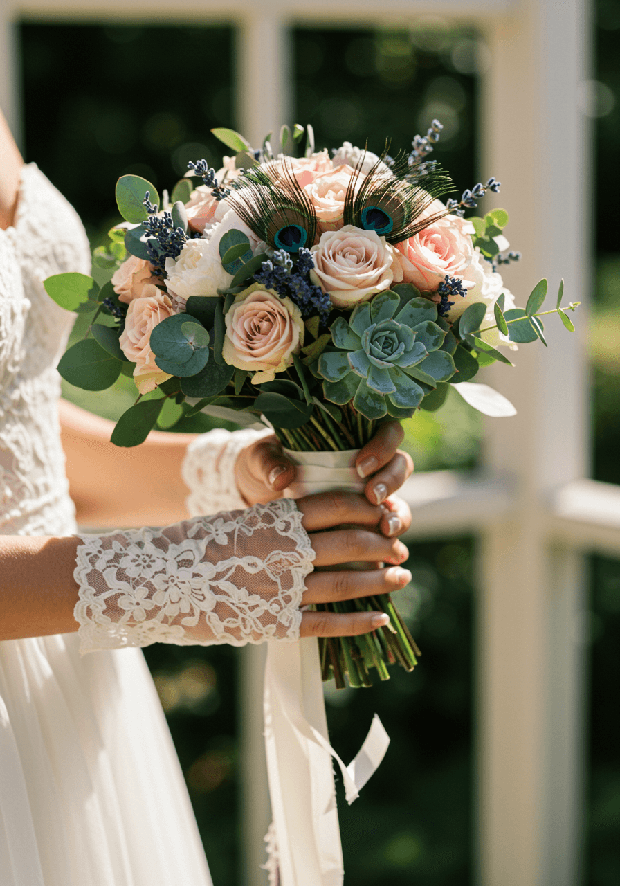 Hands in delicate lace gloves holding elegant bouquet with teal eucalyptus, blush roses, and lavender in sunlit garden pavilion