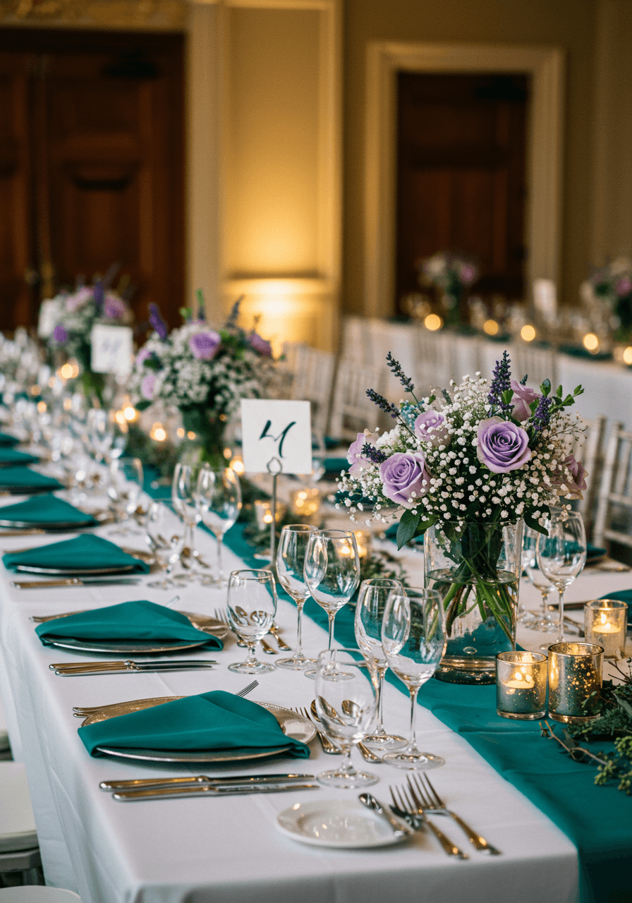 Teal and lavender table setting with roses and silver charger plates in sophisticated indoor venue