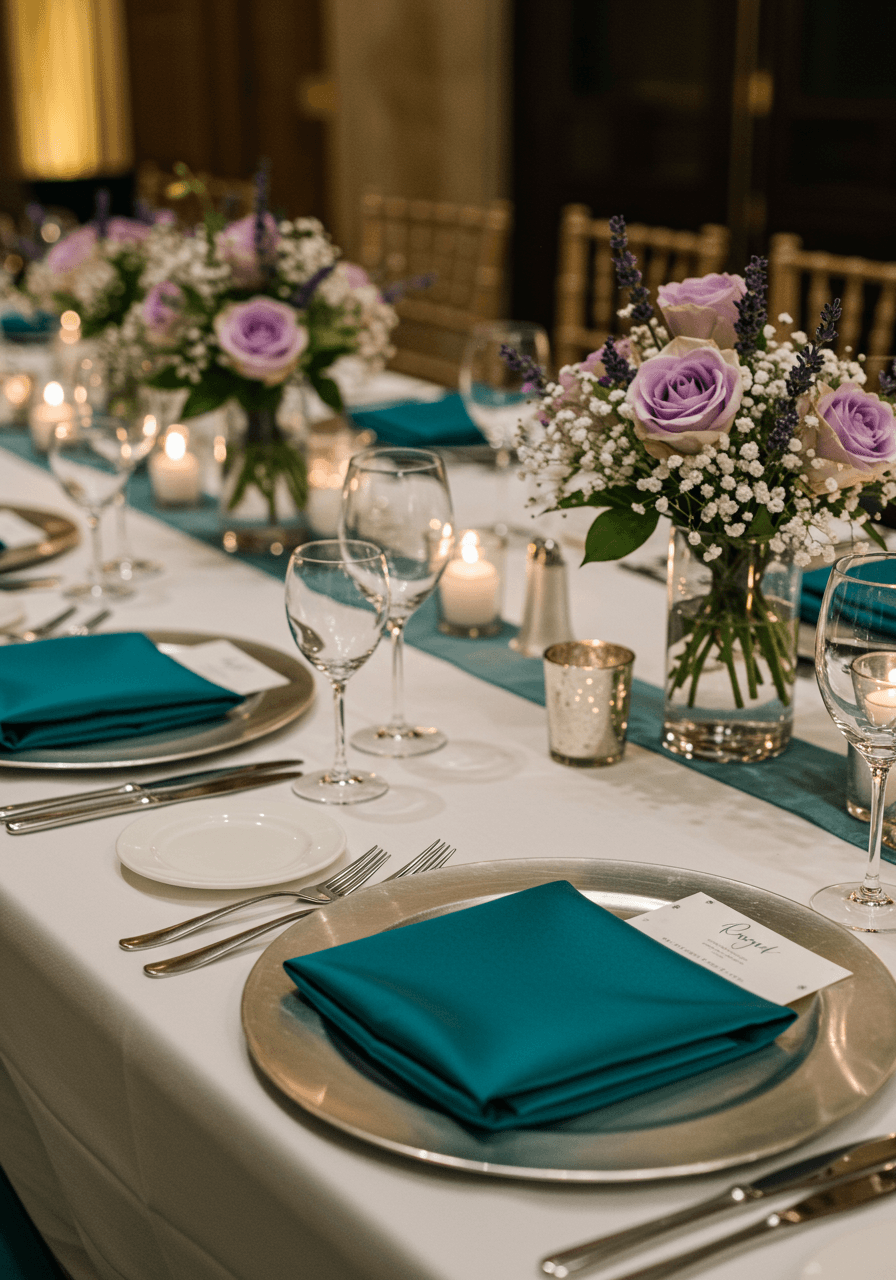 Overhead view of tablescape with teal napkins and soft lavender florals on white linens with crystal glassware