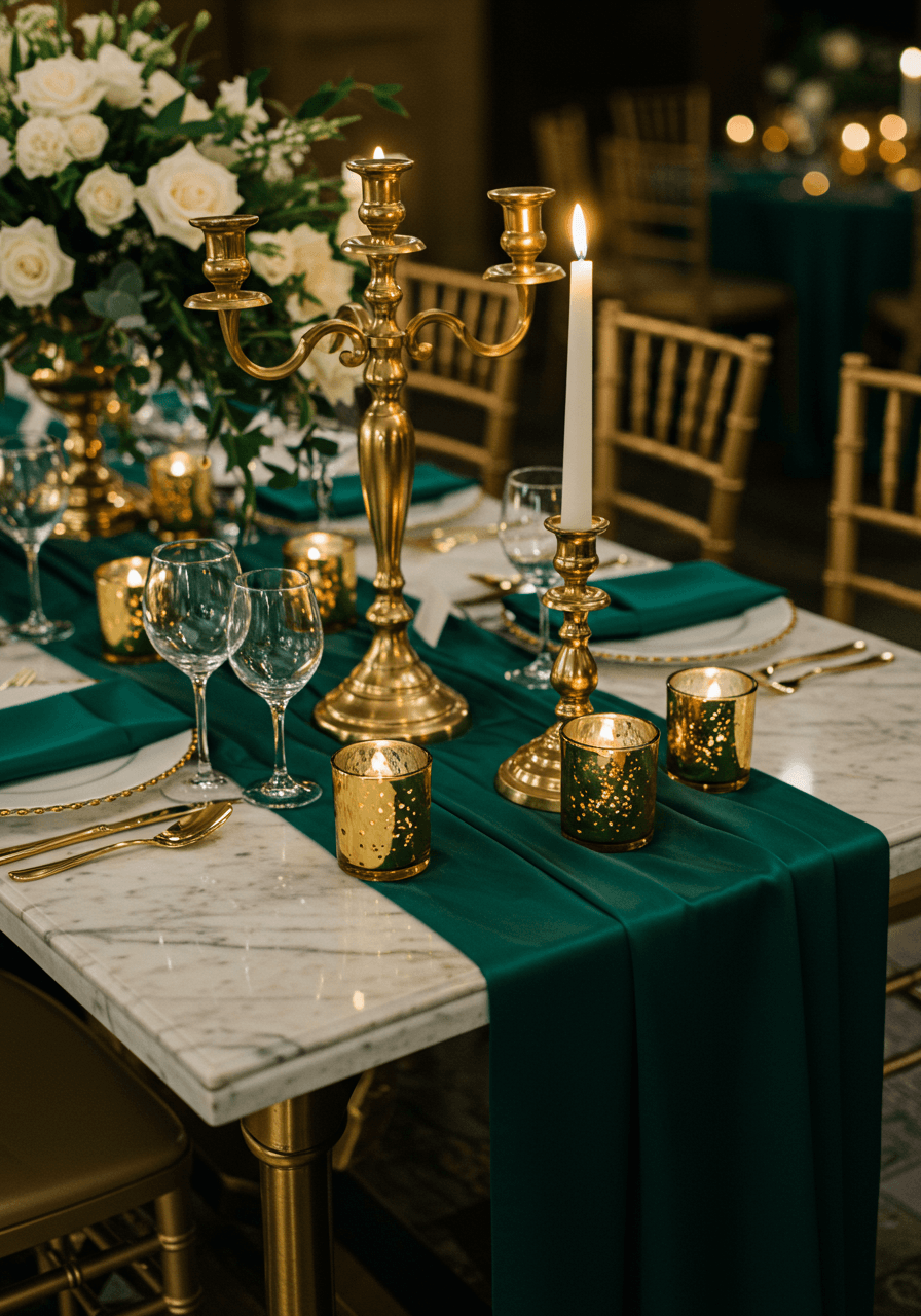 Reception tablescape with emerald silk runner and tall gold candelabras on white marble table with crystal glassware