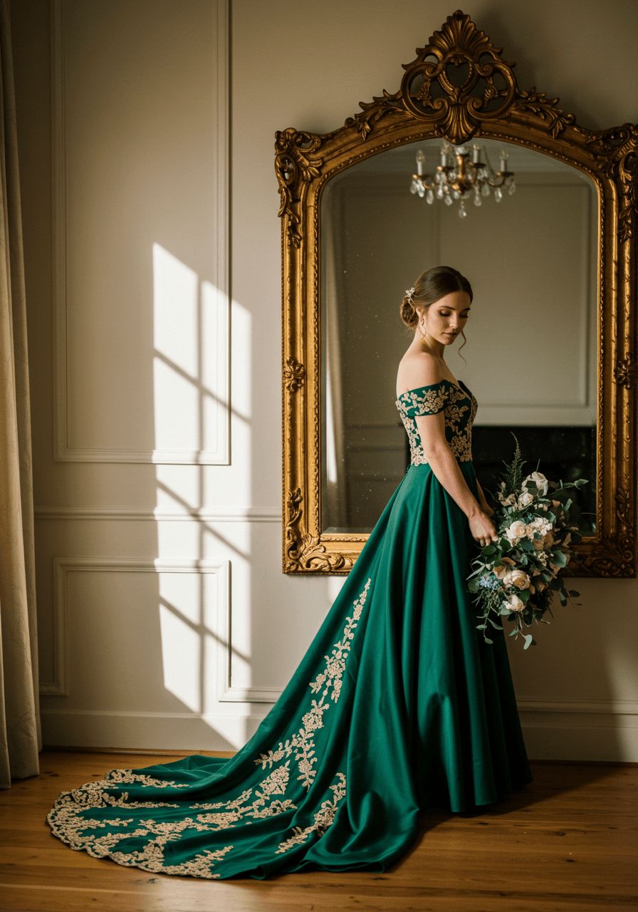 Bride in emerald silk wedding dress with gold embroidery beside vintage mirror in elegant bridal suite