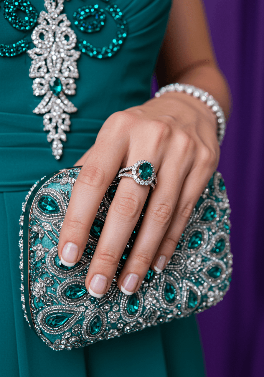 Bride's hand displaying emerald and teal gemstone engagement ring while holding silver beaded clutch in upscale boutique