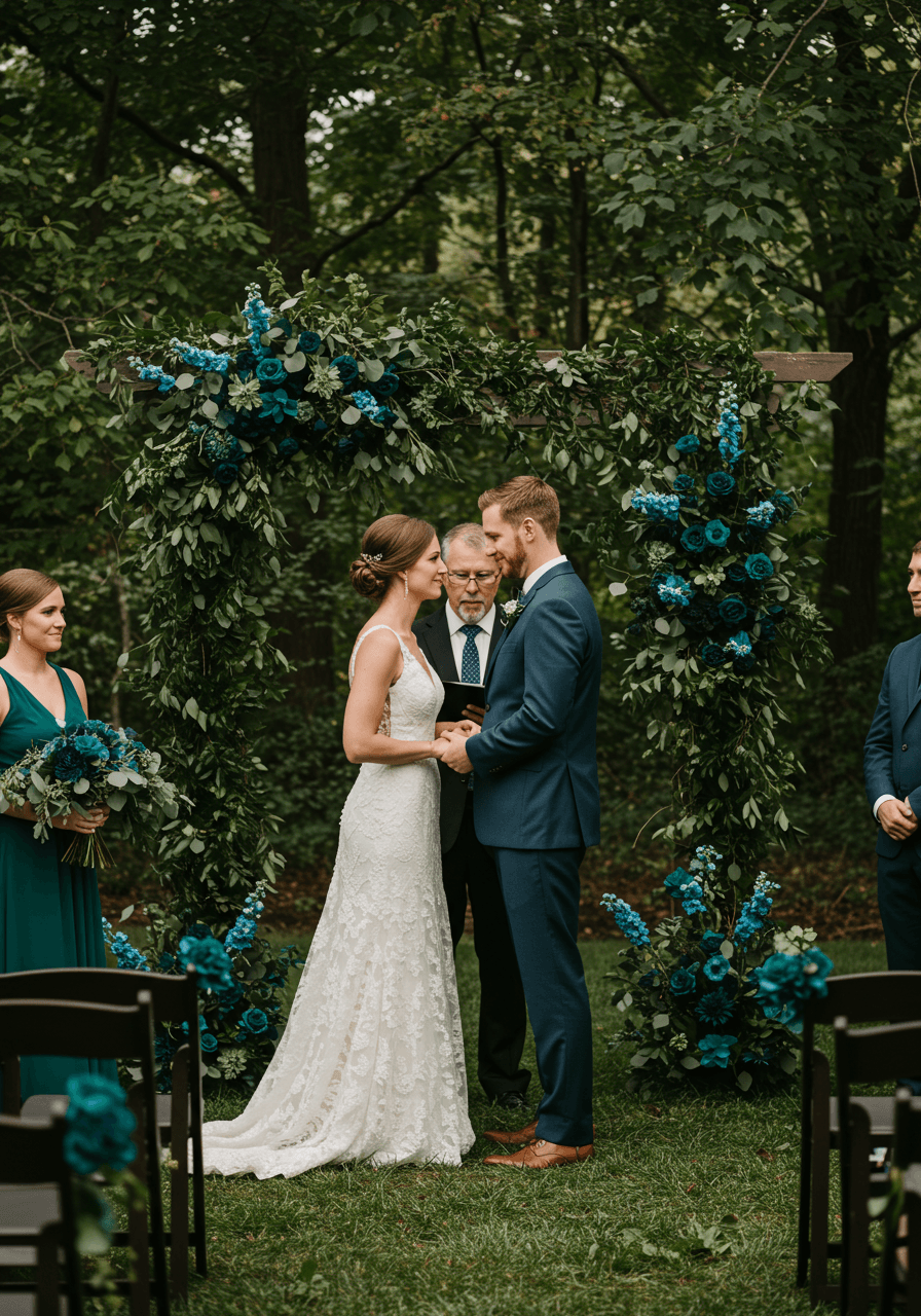 Bride and groom during intimate garden ceremony vows with dark wood arch and emerald greenery