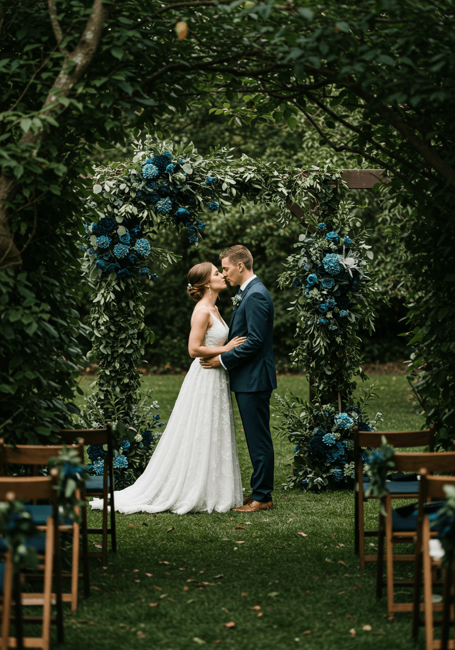 Couple exchanging vows at intimate outdoor ceremony surrounded by lush emerald foliage and deep teal florals during golden hour