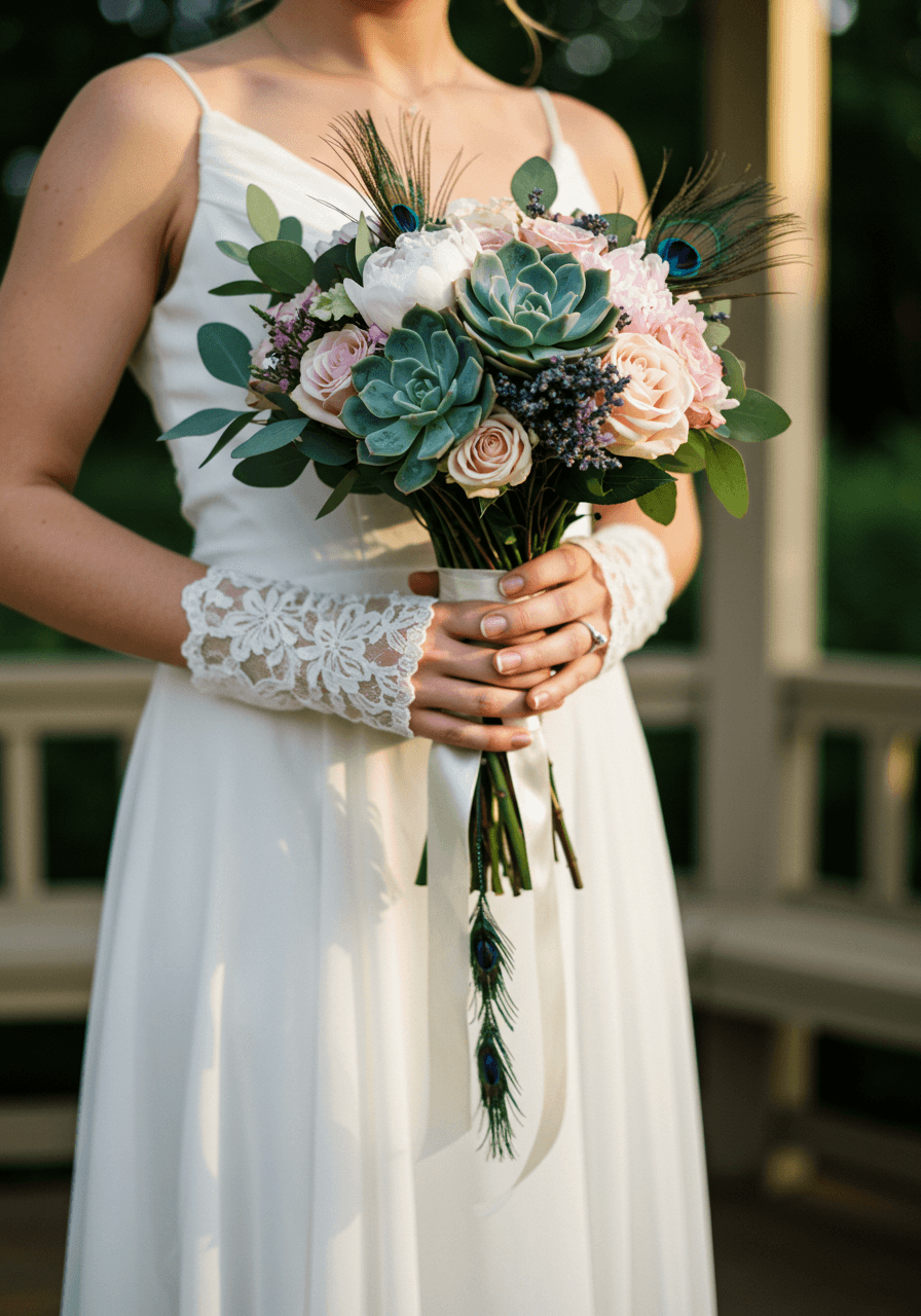 Bridal bouquet featuring soft teal, cream peonies, and dusty purple lavender with ivory ribbon and peacock feather accent