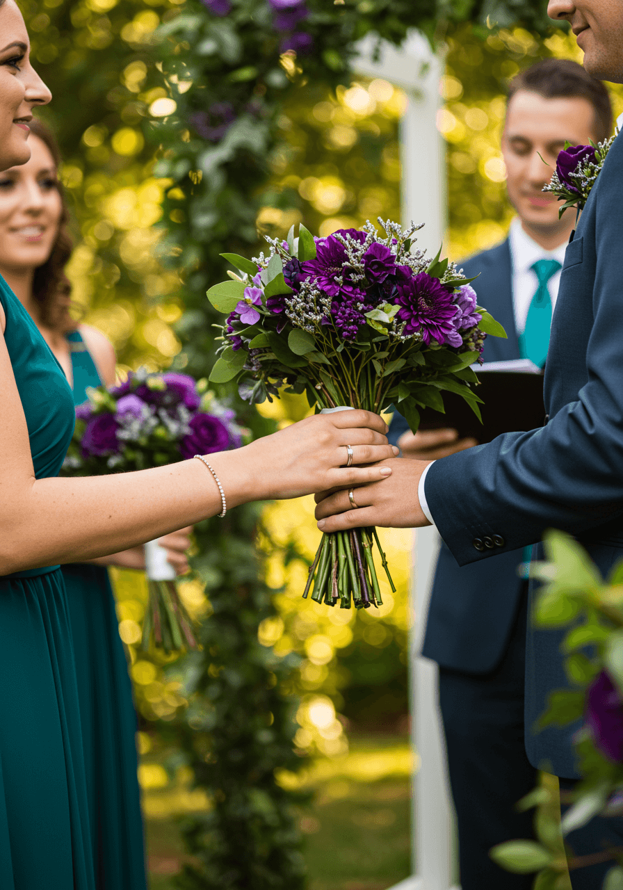 Bride and groom exchanging vows at garden ceremony with teal bridesmaid dresses and purple floral arrangements during golden hour