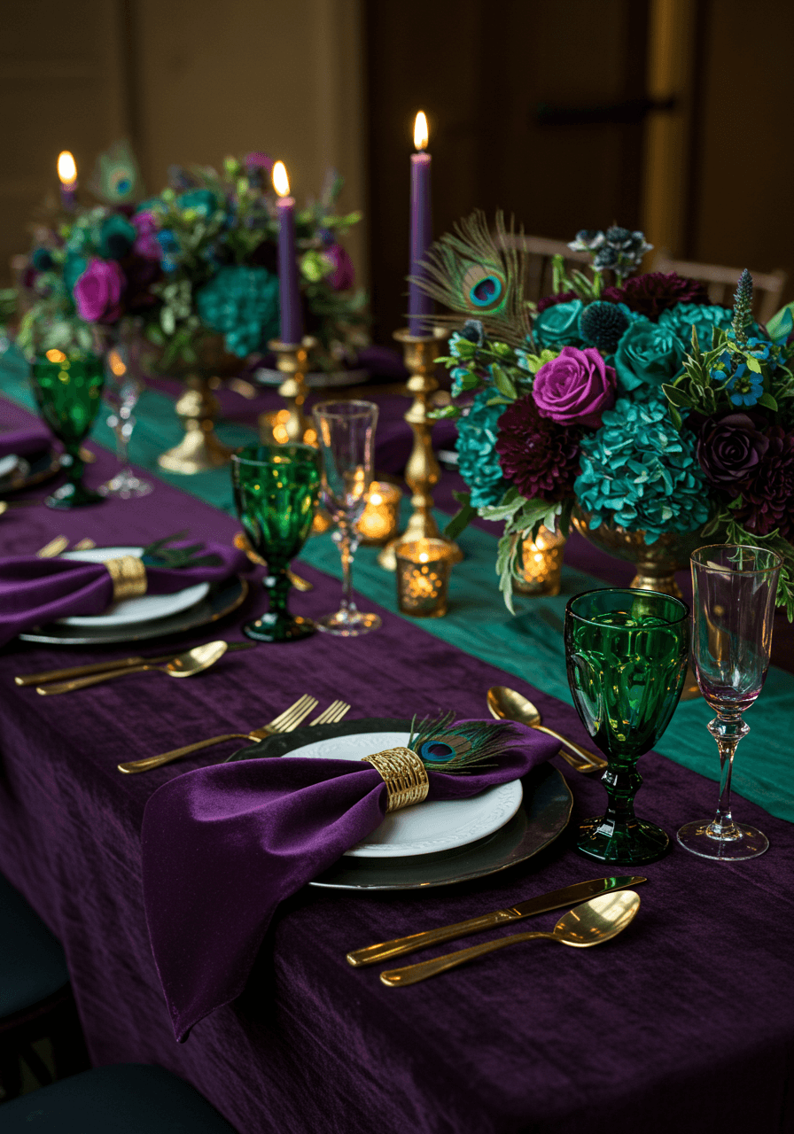 Modern wedding table with deep purple linens, emerald glassware, teal floral arrangements, and gold flatware