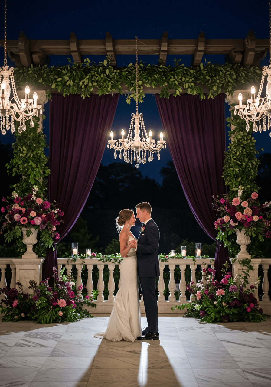 Bride and groom dancing on marble terrace under moonlight with deep purple velvet draping and emerald foliage