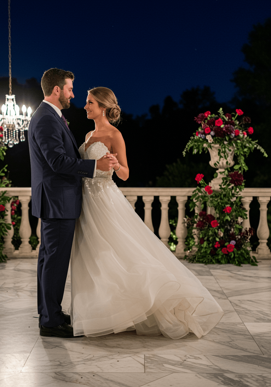Wedding couple first dance detail showing hands and flowing gown on marble terrace with evening lighting
