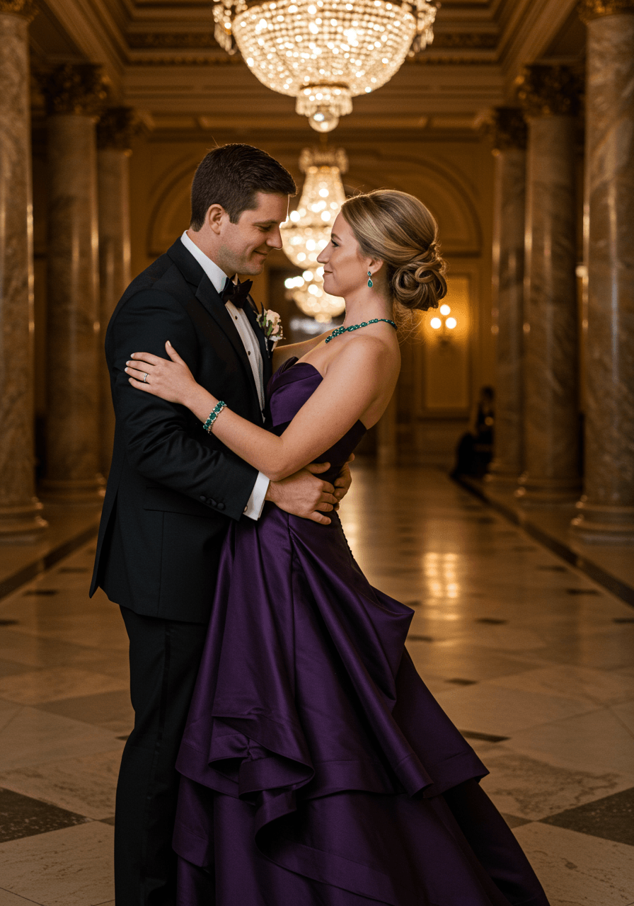 Couple dancing in formal ballroom with bride wearing purple silk gown and emerald accessories under chandeliers