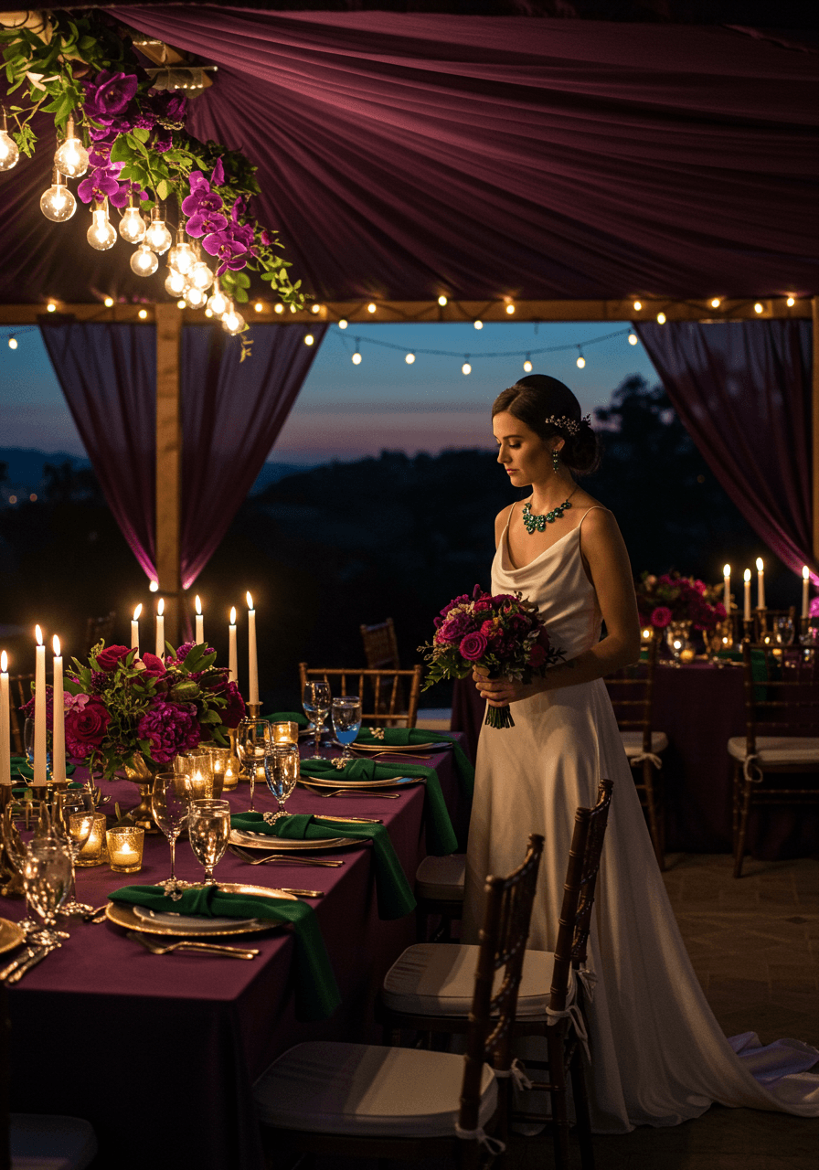 Bride beside reception table with purple fabric canopy, emerald napkins, gold chargers, and twinkling lights at twilight
