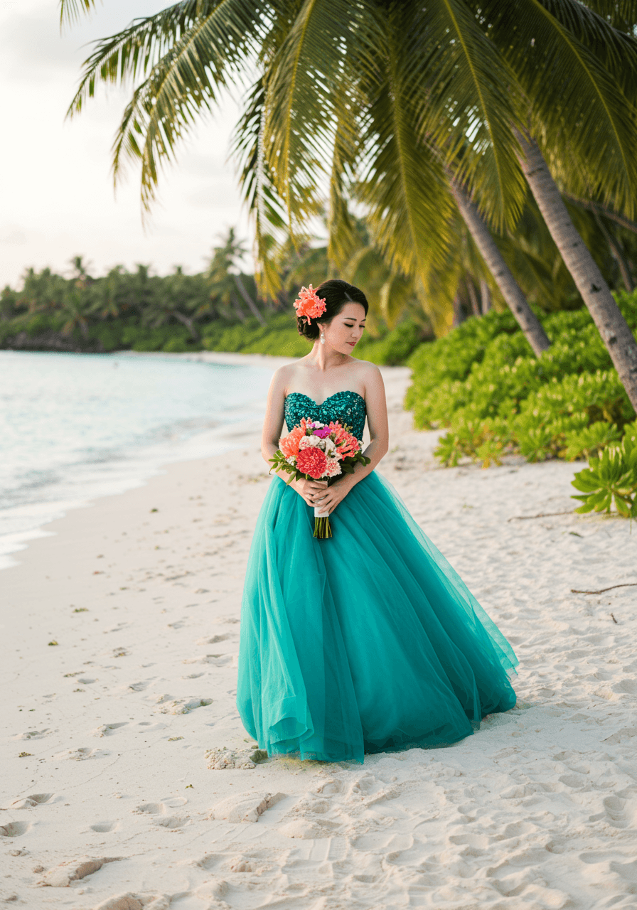 Destination beach bride portrait in teal gown with tropical setting and golden hour lighting on pristine shoreline