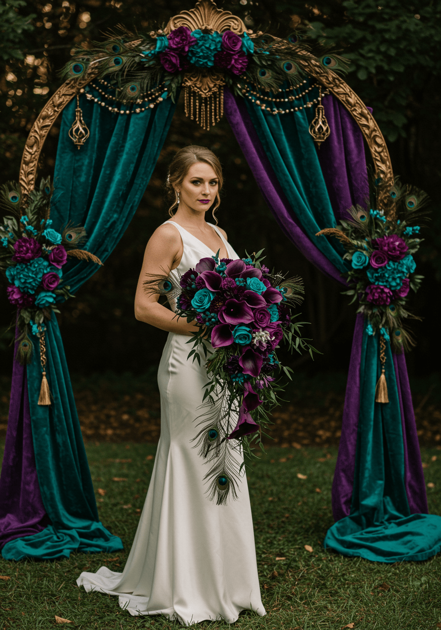 Bride in silk gown holding dramatic cascading bouquet of deep purple calla lilies and teal roses beside ornate arch with jewel-toned fabrics