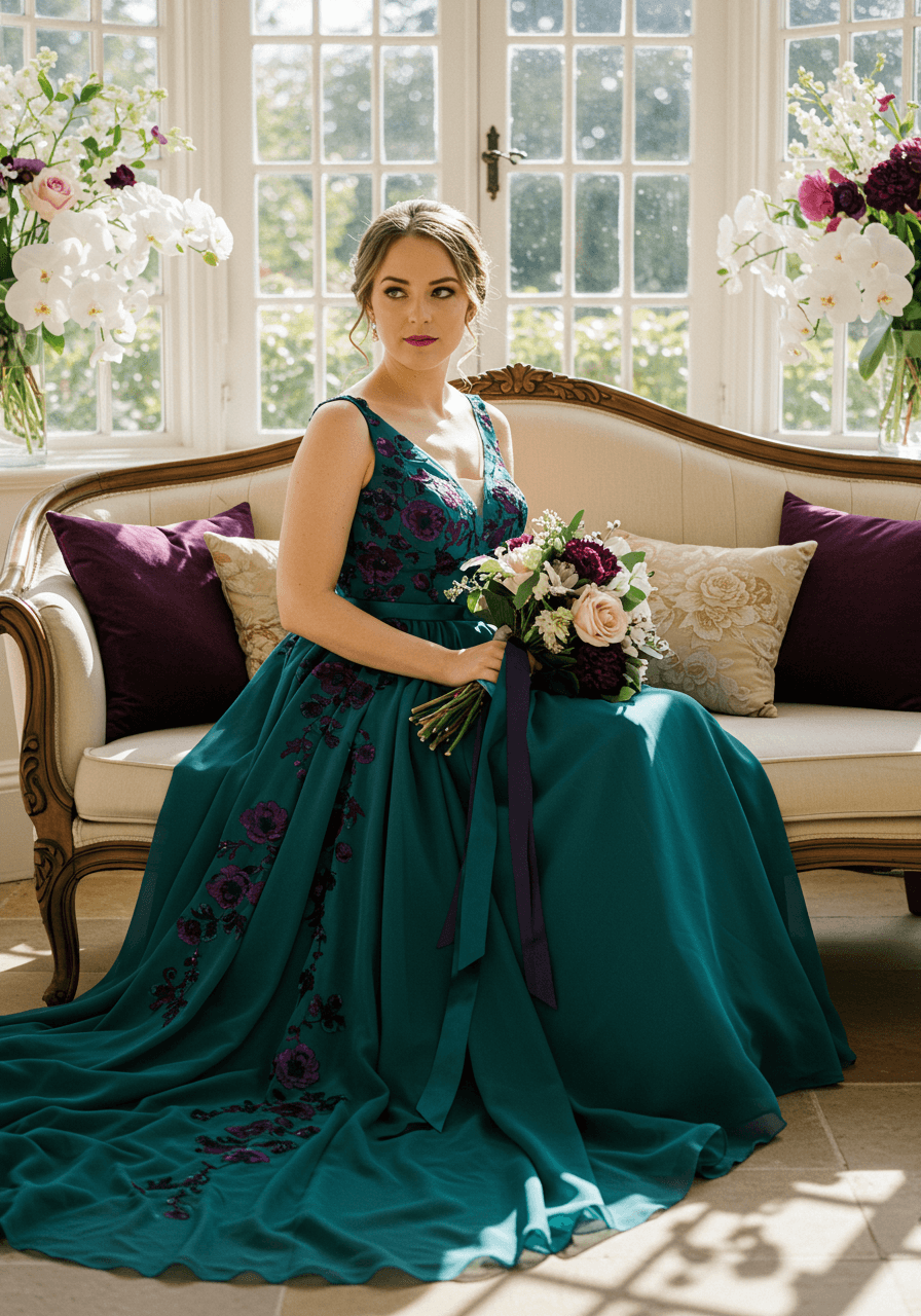 Bride portrait with teal gown, cream settee with plum velvet pillows, and white orchids in conservatory