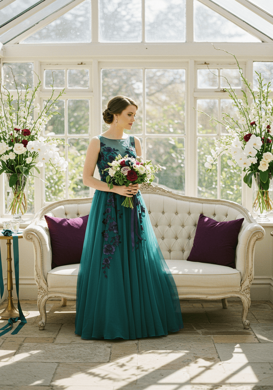 Bride in flowing teal chiffon dress with plum embroidery beside vintage cream settee in sunlit conservatory