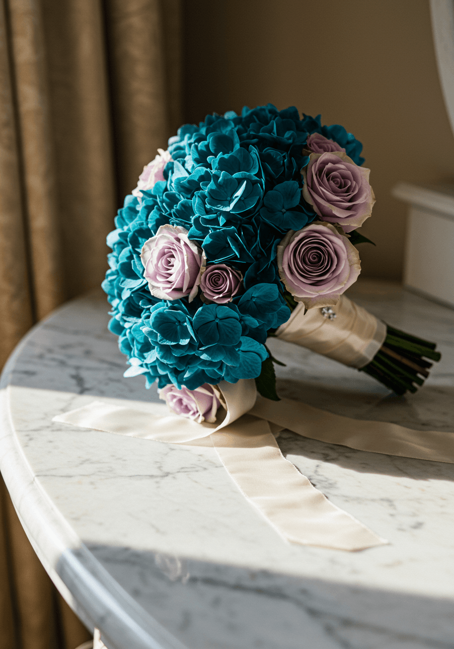 Bridal bouquet featuring deep teal hydrangeas and soft lavender roses wrapped in silk ribbon on marble vanity during golden hour