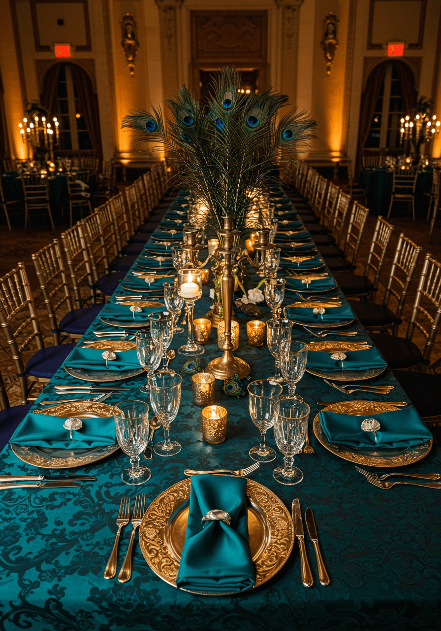 Art Deco reception table with teal napkins, emerald silk runner, and amethyst napkin rings on damask linens