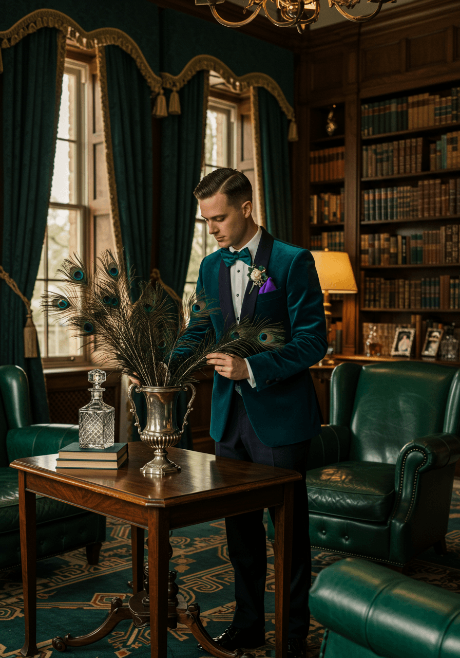 Groom in teal velvet dinner jacket with purple silk lapels arranging peacock feathers in ornate vase in 1920s library