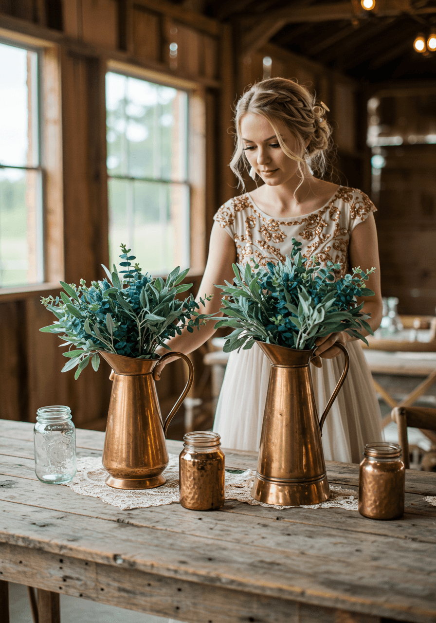 Bohemian bride arranging vintage copper pitchers with teal eucalyptus on weathered farm table in barn