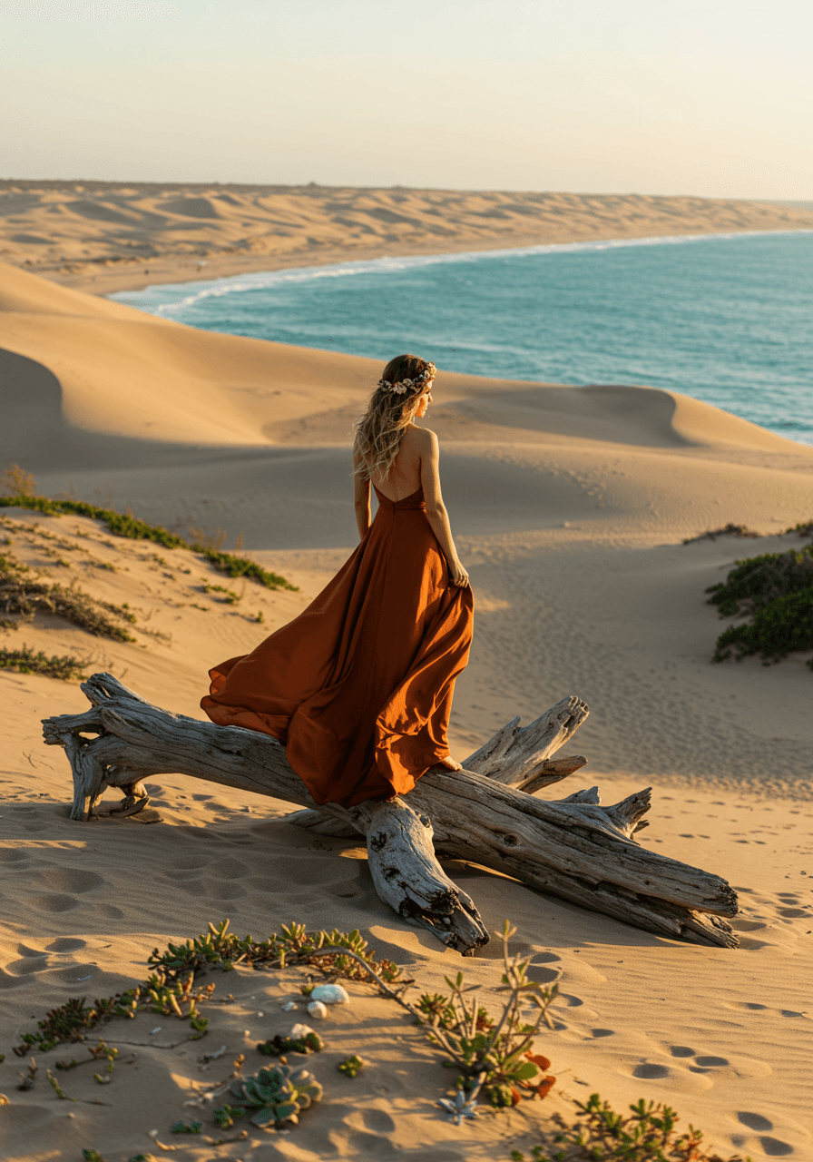 Bohemian bride in terracotta silk standing on driftwood where desert dunes meet turquoise ocean