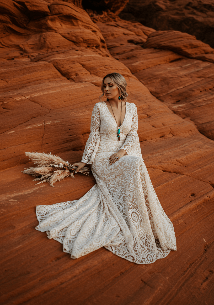 Bohemian bride sitting cross-legged on smooth red sandstone formations in lace dress with bell sleeves