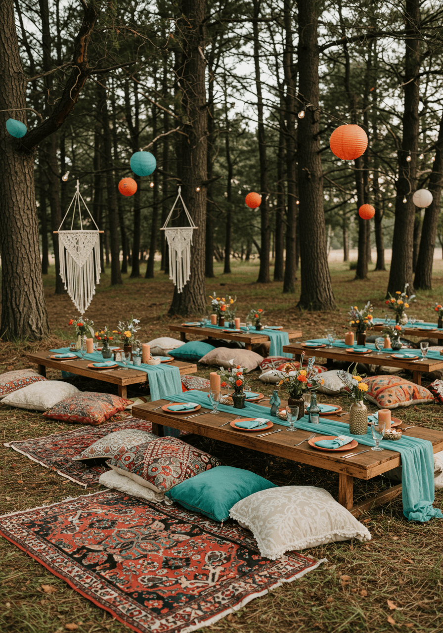 Festival-style bohemian wedding reception with low wooden tables and colourful floor cushions outdoors