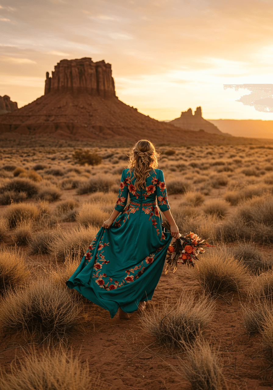 Boho bride in teal silk dress walking barefoot through golden desert grass at sunset