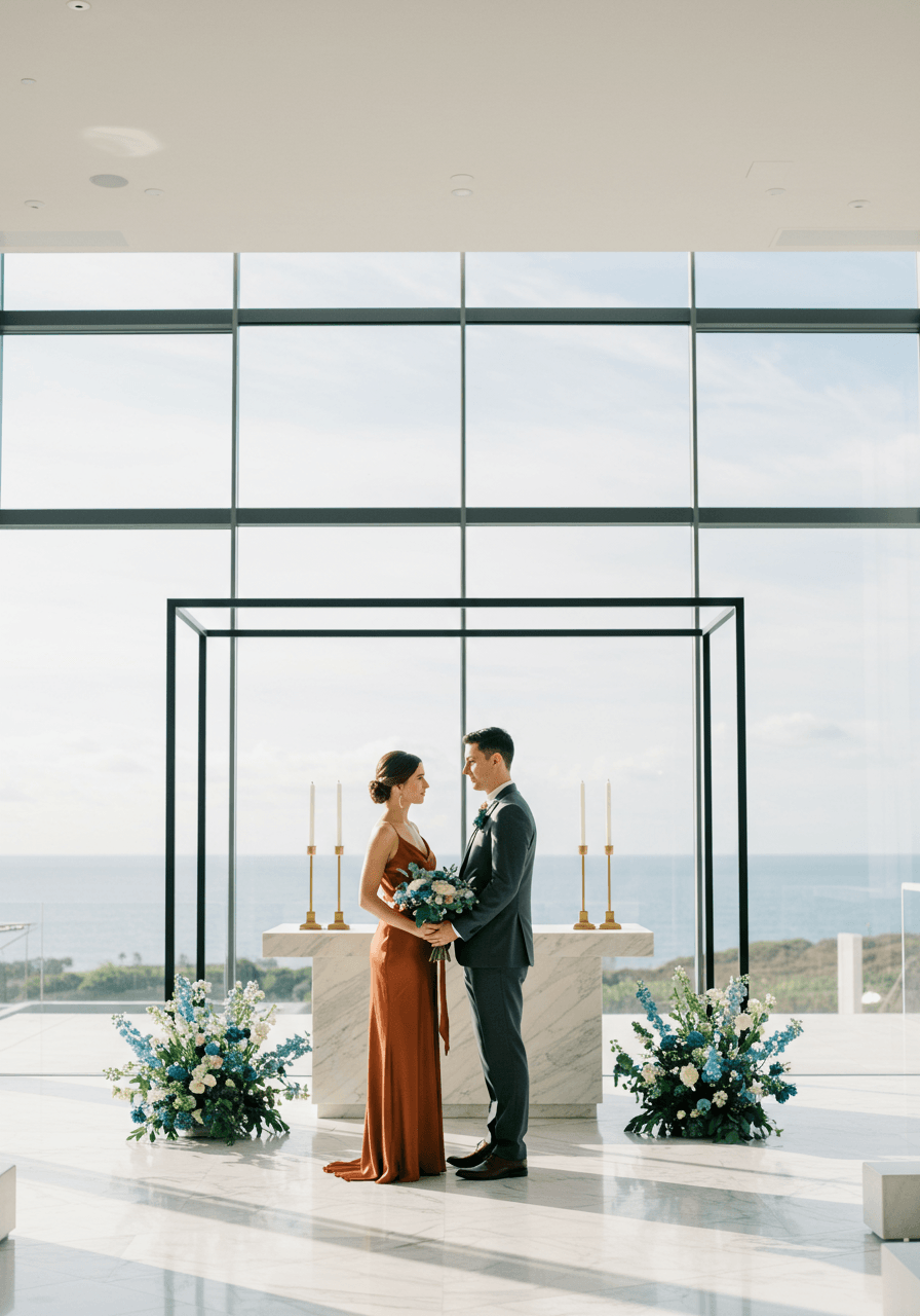 Contemporary bride and groom at sleek marble altar with geometric lines and floor-to-ceiling windows