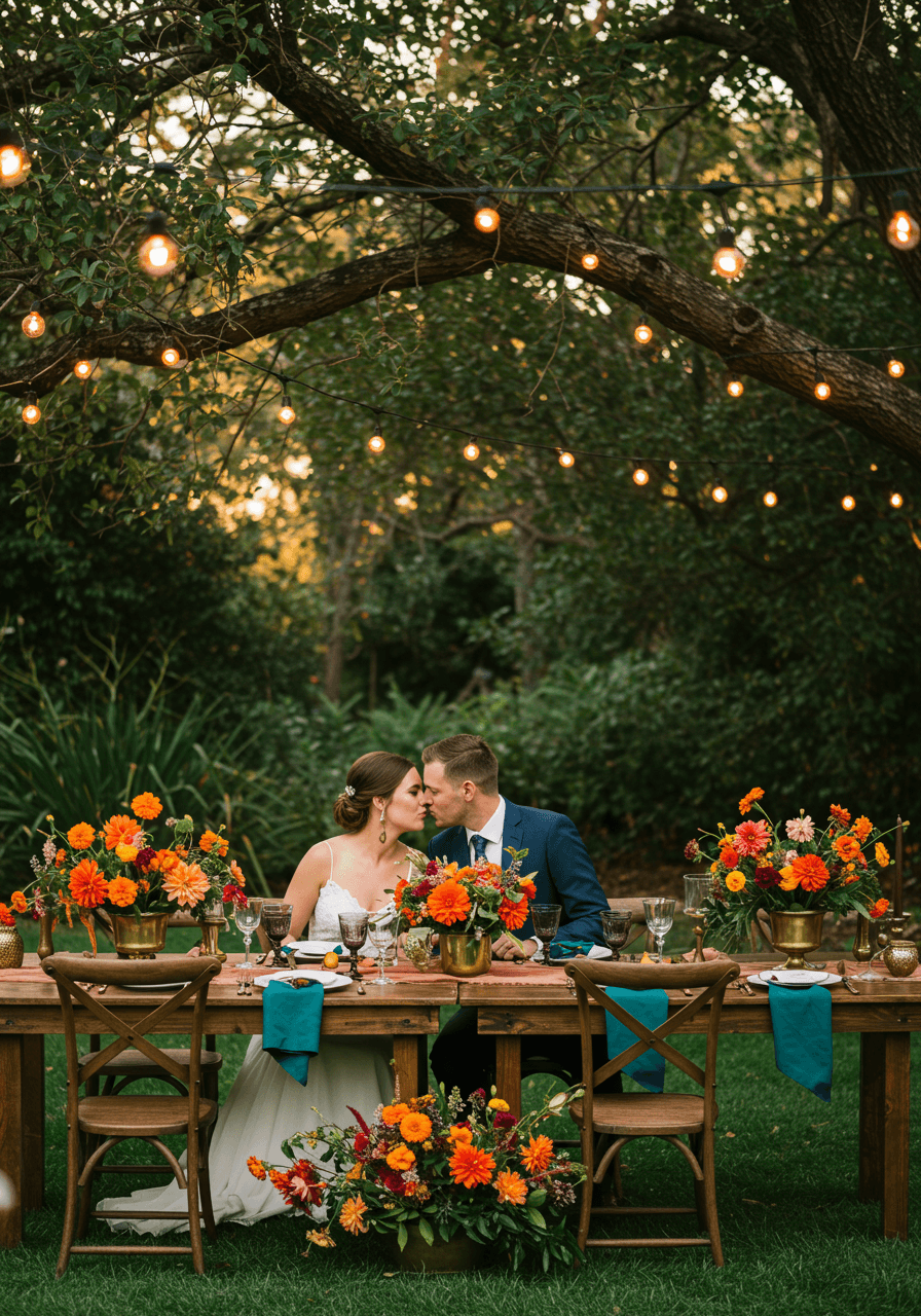 Romantic couple sharing intimate moment at garden dinner table with string lights and lush foliage
