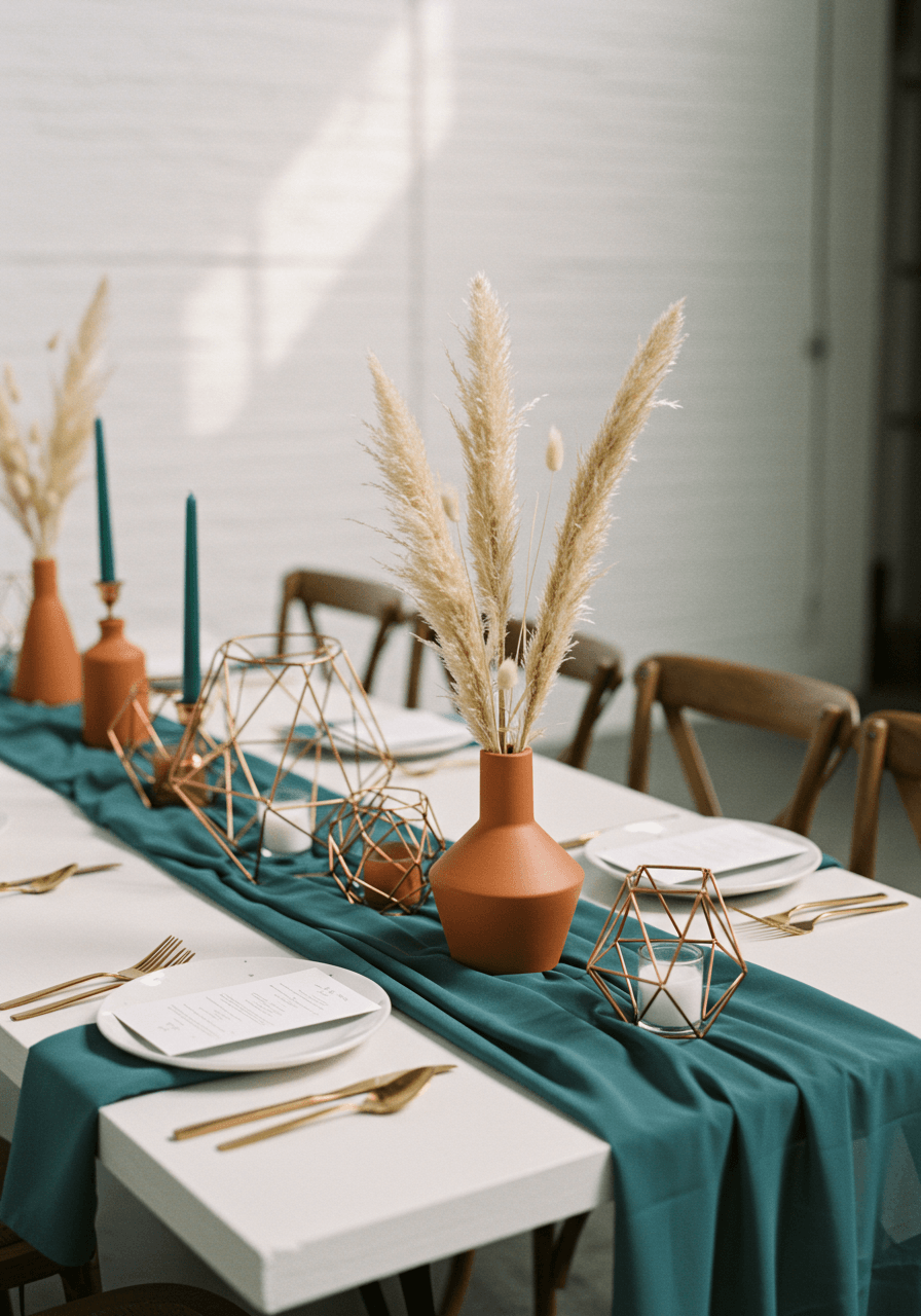 Modern minimalist wedding tablescape with geometric centrepieces in gallery space with white walls