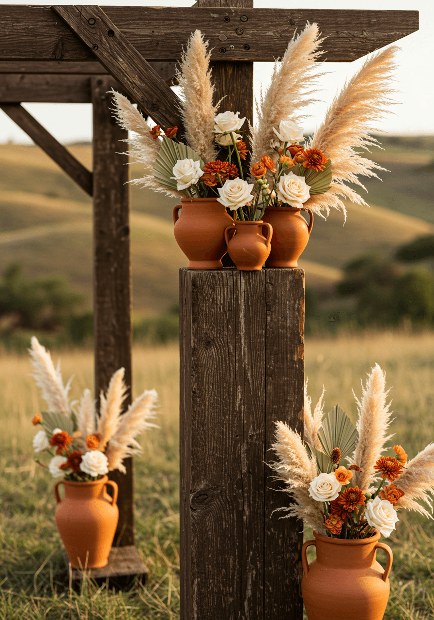 Close-up detail of weathered wood ceremony arch decorated with burnt orange florals