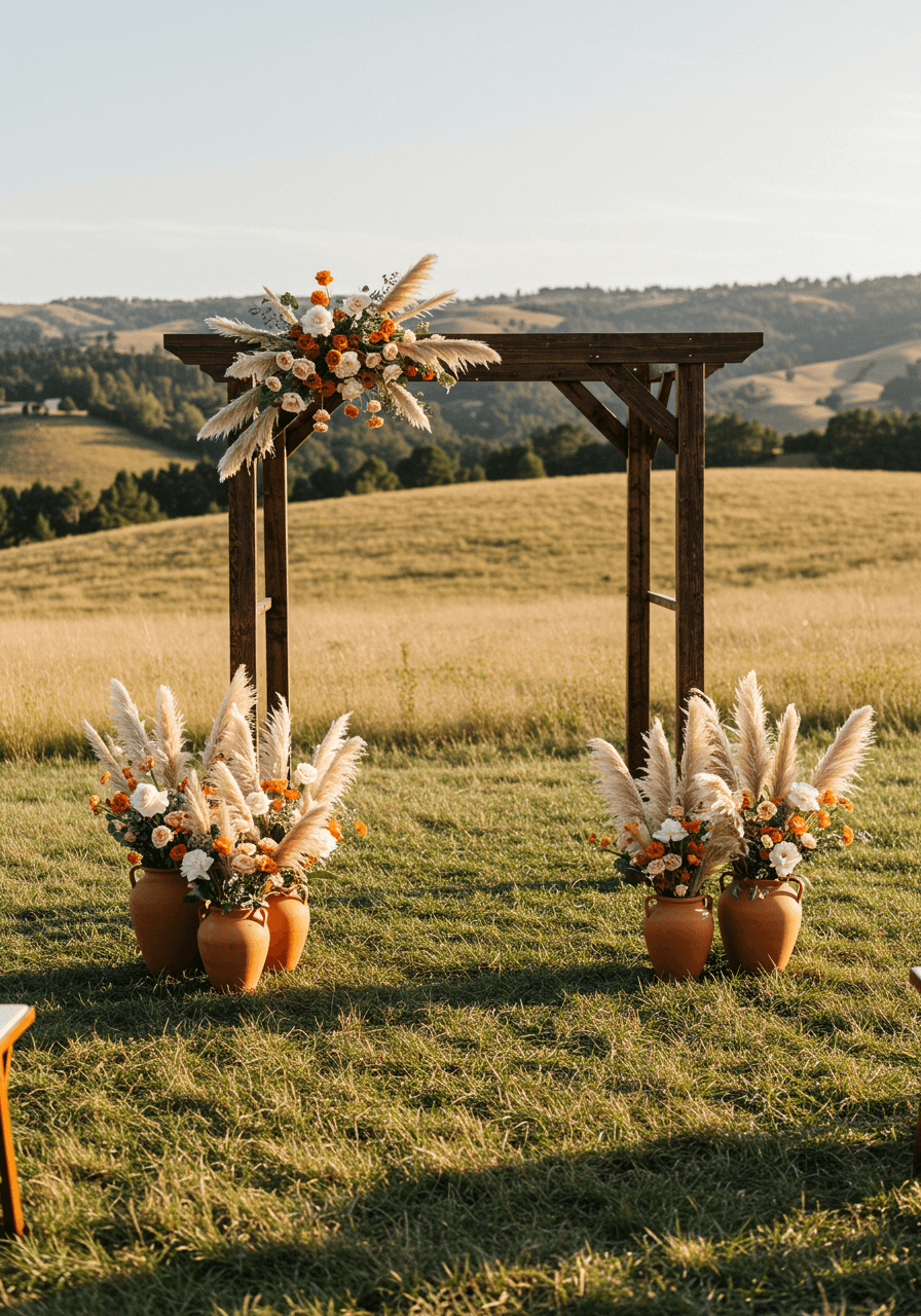 Rustic wooden wedding arch with terracotta urns and pampas grass in outdoor meadow