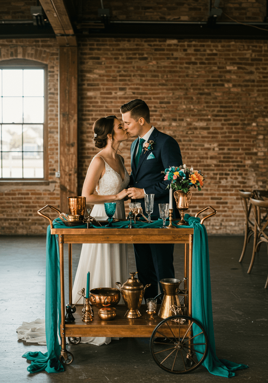 Bride and groom intimate moment at vintage copper bar cart with teal silk ribbons and brass fixtures