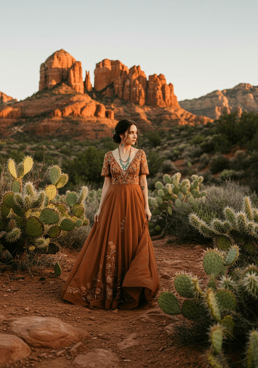 Southwestern bohemian bride in terracotta dress with turquoise jewellery among Sedona red rocks
