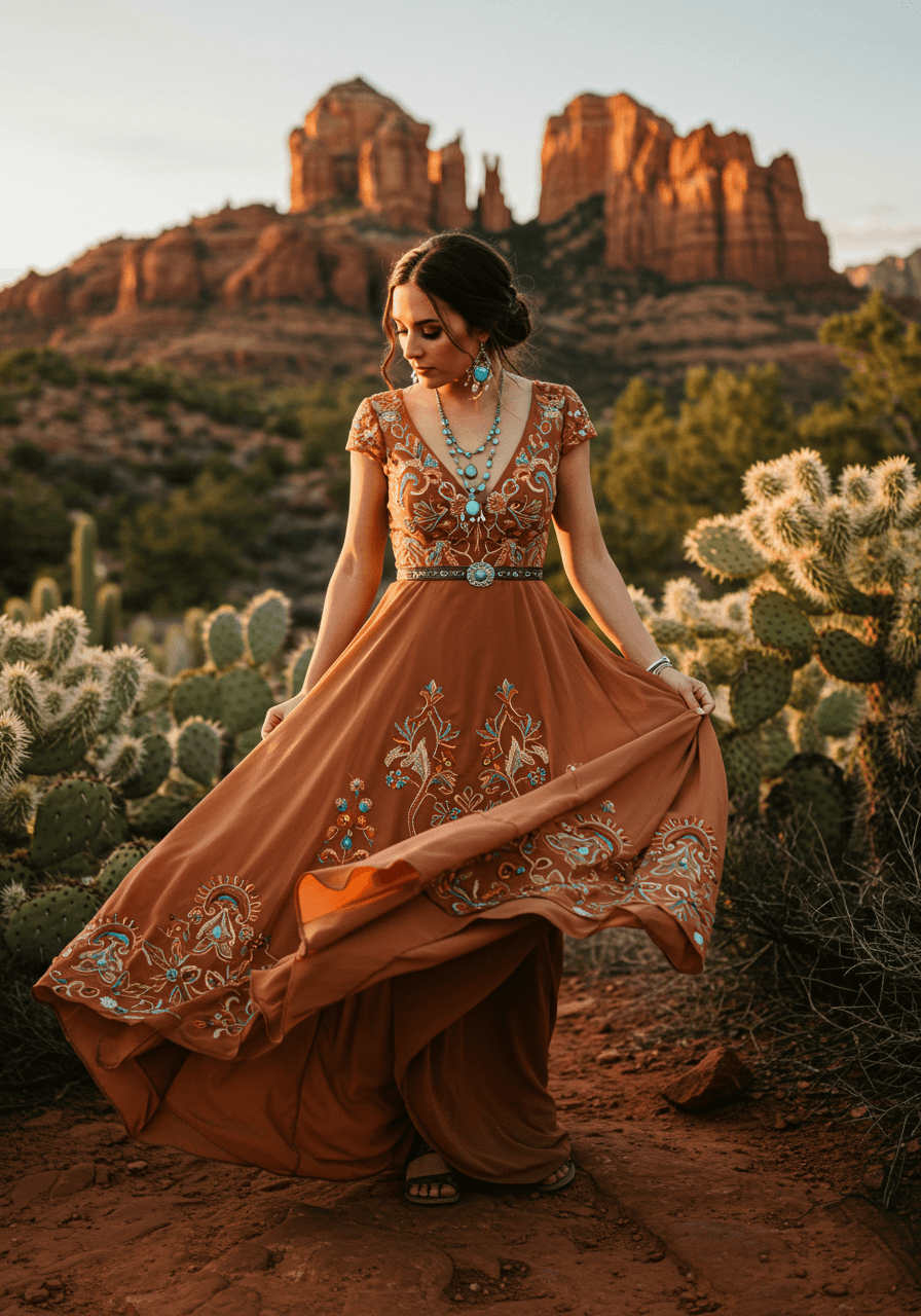 Desert bride twirling among prickly pear cacti in flowing southwestern-embroidered dress
