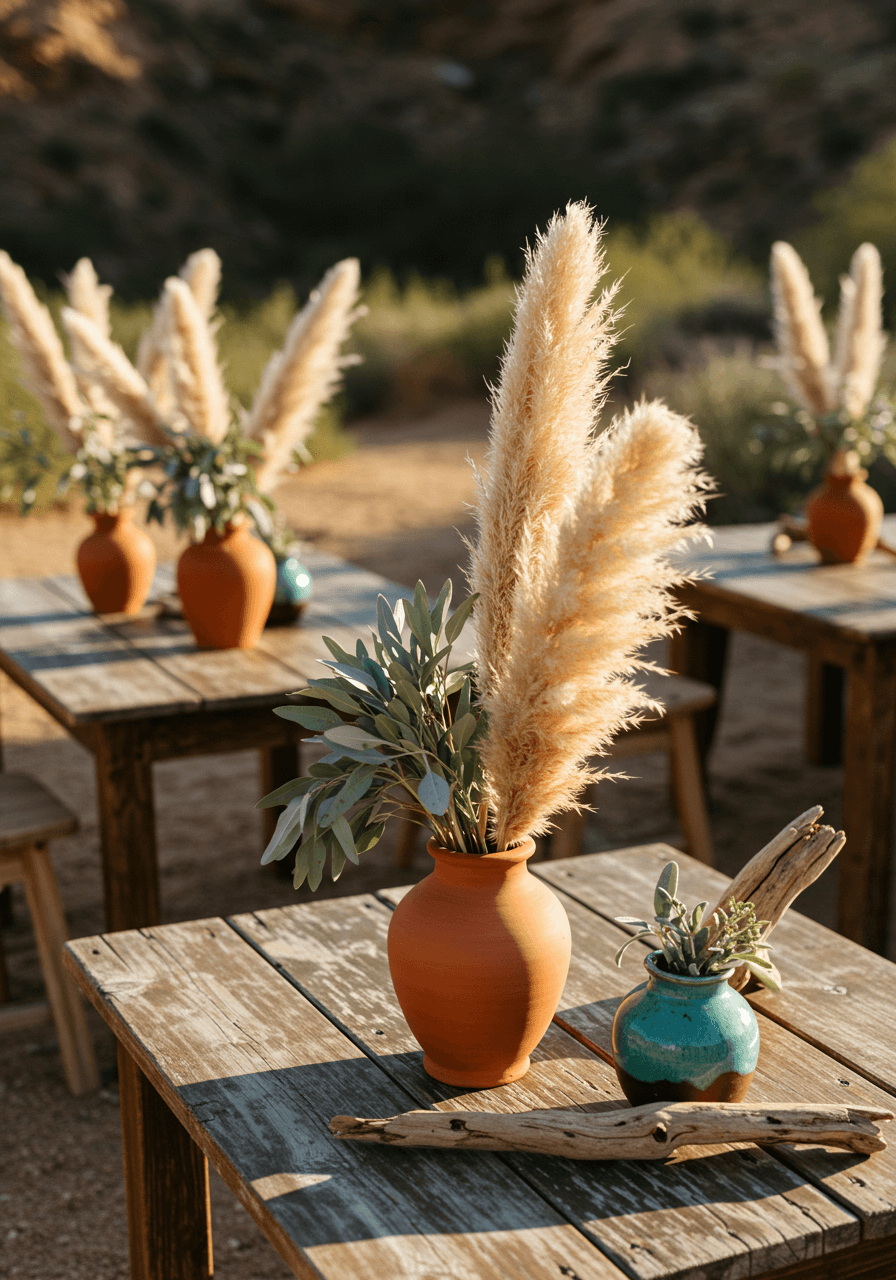 Rustic wedding ceremony setup with terracotta pottery and pampas grass in desert canyon